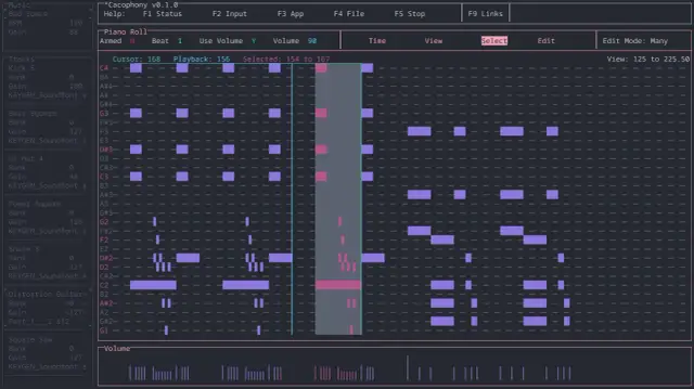 Sekwencer muzyczny "Cacophony" z piano roll, gdzie widać kolorowe bloki nut. To jest kakofonia dźwięków, które można edytować.