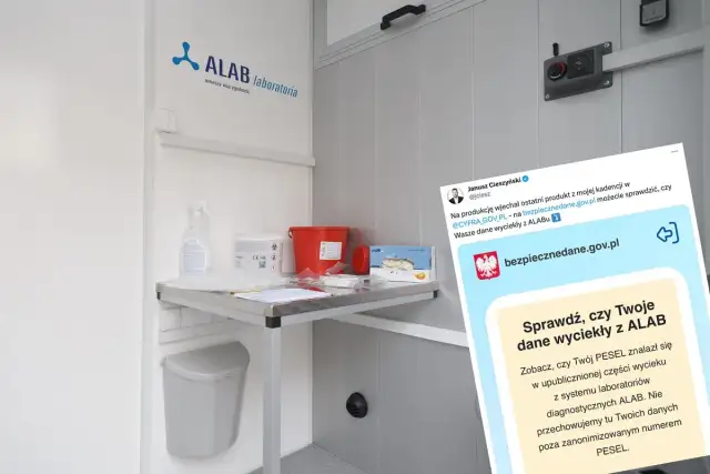 Jak sprawdzić wyniki laboratorium ALAB? Na ekranie telefonu widoczny jest tweet o wycieku danych z ALAB i link do bezpiecznedane.gov.pl.