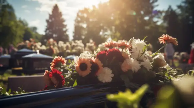 Wieniec pogrzebowy z kwiatów na ciemnej powierzchni, na tle cmentarza i drzew.