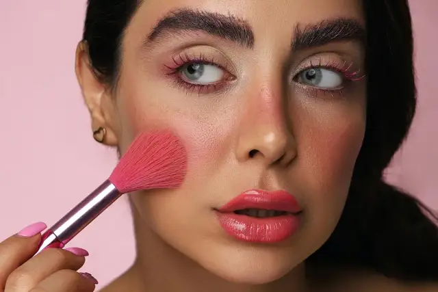 Różowy rumieniec na policzkach, różowe rzęsy i błyszczące usta. Pędzel do makijażu rozprowadza kolejne odcienie różu.