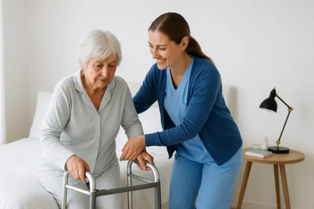 Uśmiechnięta opiekunka pomaga starszej kobiecie wstać przy balkoniku. Wskazówki, jak zostać opiekunem osoby starszej w rodzinie.