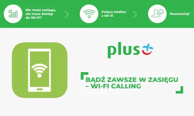Grafika przedstawia ikonę telefonu z symbolem Wi-Fi, logo Plus oraz hasło "Bądź zawsze w zasięgu - Wi-Fi Calling".