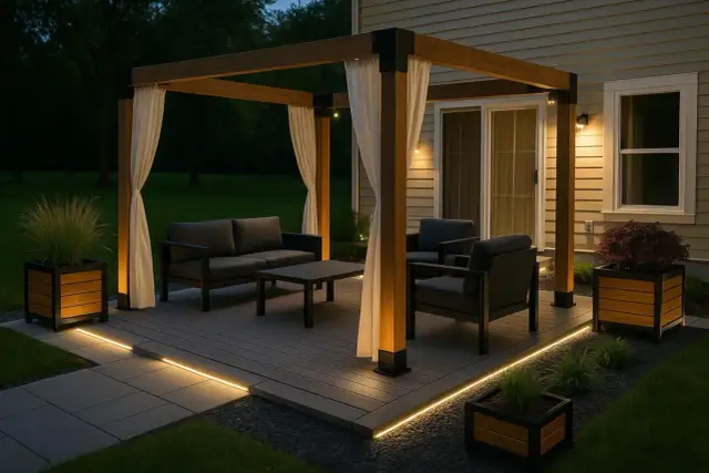 Nowoczesny pomysł na kącik wypoczynkowy w ogrodzie: zadaszona pergola z zasłonami, wygodne meble i nastrojowe oświetlenie LED.