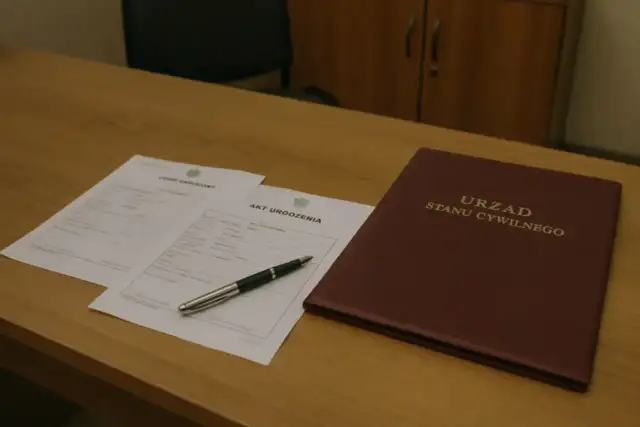 Akt urodzenia i okładka Urzędu Stanu Cywilnego na drewnianym biurku.