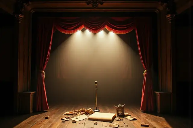 Scena teatralna z mikrofonem i rozrzuconymi kartkami, gotowa na skecze kabaretu moralnego niepokoju.