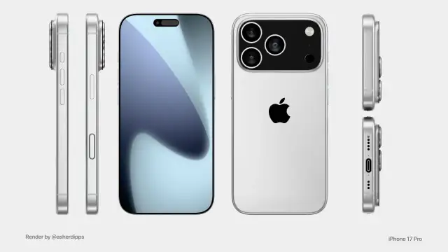Render iPhone'a 17 Pro w kolorze srebrnym, pokazujący jego design z każdej strony. Kiedy premiera?