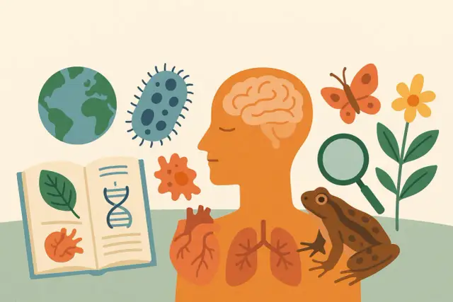 Ilustracja przedstawia elementy biologii: Ziemię, bakterie, ludzki mózg, serce, płuca, żabę, motyla, kwiat, lupę i otwartą książkę z liściem i DNA. Czy biologia to przedmiot ścisły?