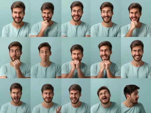 Kolaż zdjęć mężczyzny prezentującego różne emocje. Jego mowa twarzy pokazuje radość, zdziwienie, smutek i złość.