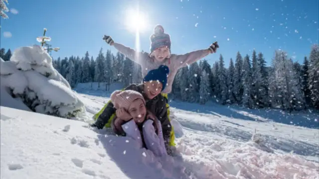 Niños felices en trineo, disfrutando de las vacaciones de invierno cuando empiezan. Nieve cayendo, sol brillante y árboles nevados.