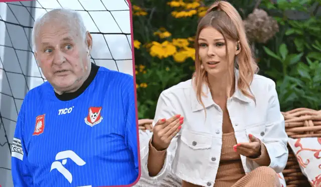 Jan Tomaszewski w niebieskiej koszulce i młoda kobieta na tle roślin.