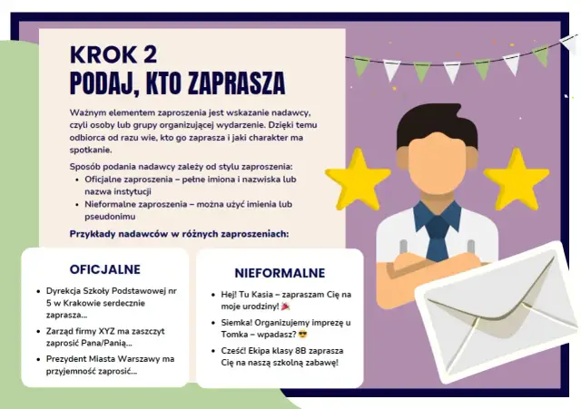 Jak napisać zaproszenie z dzieckiem? Krok 2: Podaj, kto zaprasza. Dowiedz się, jak wskazać nadawcę w zaproszeniu, czy to oficjalnym, czy nieformalnym.