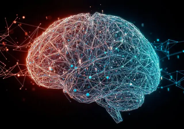 Siatka neuronowa mózgu w kolorach niebieskim i pomarańczowym na czarnym tle.