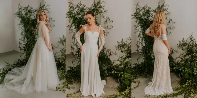 Trzy suknie ślubne: tiulowa z trenem, koronkowa z długimi rękawami i koronkowa syrena.