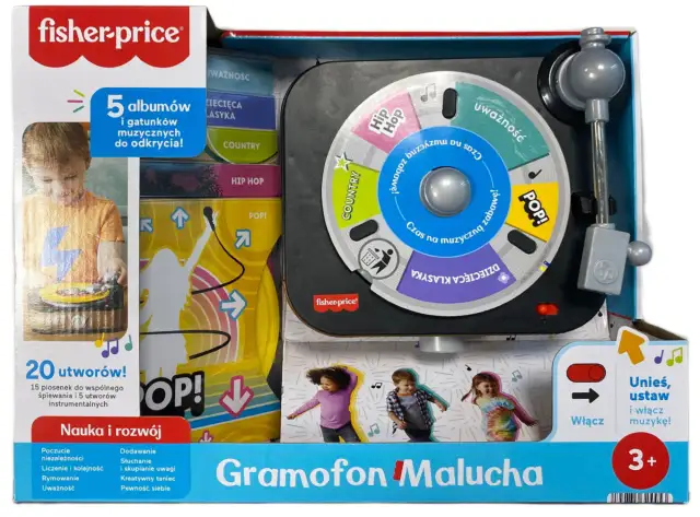 Gramofon Malucha Fisher-Price: 5 albumów muzycznych i 20 utworów, idealny do odkrywania piosenek dla rocznego dziecka. Nauka i rozwój przez muzykę i taniec.