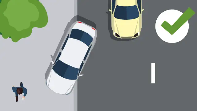 Zielony listek i samochody na drodze. Czy można parkować na chodniku? Tak, jeśli jest to zgodne z przepisami, co potwierdza zielony znaczek.