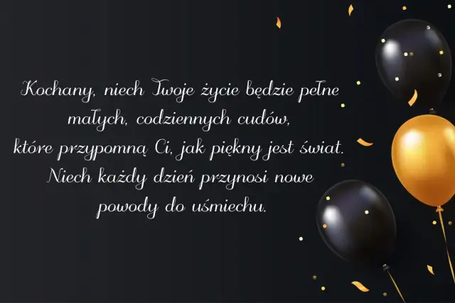 Czarno-złote balony i konfetti na ciemnym tle, z tekstem życzeń urodzinowych.