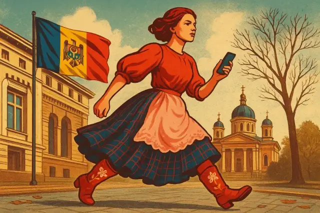 Kobieta w tradycyjnym stroju biegnie z telefonem, obok flagi Mołdawii. Obraz symbolizuje nadzieję na lepszą przyszłość, mimo trudności i biedy w Mołdawii.