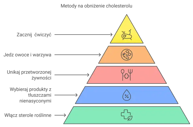 Piramide zdrowego żywienia z ikonami: ćwiczenia, owoce, przetworzona żywność, tłuszcze, sterole roślinne.