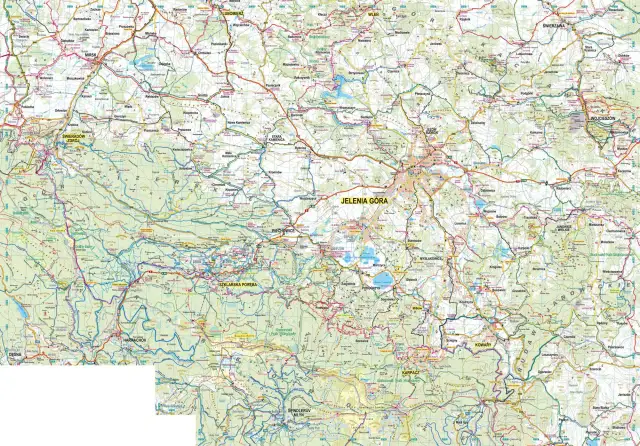 Mapa Gór Izerskich z zaznaczonymi trasami rowerowymi. Widoczne miejscowości: Jelenia Góra, Szklarska Poręba, Karpacz.