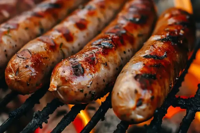 Soczysta kiełbasa z grilla, rumiana i pachnąca, piecze się nad ogniem. Idealna na letnie wieczory.