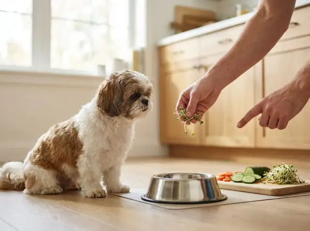 Mały piesek patrzy na rękę, która podaje mu kiełki. Zastanawiasz się, czy pies może jeść agrest?