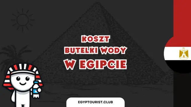 Urocza postać w stroju faraona trzyma butelkę wody, a grafika pyta: "Koszt butelki wody w Egipcie".