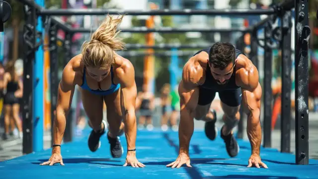 Para, czy crossfit pomaga schudnąć? Dwóch muskularnych sportowców wykonuje pompki na zewnątrz.