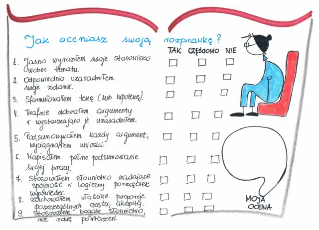 Rysunek przedstawia listę pytań do samooceny rozprawki z miejscem na zaznaczenie odpowiedzi oraz schematyczną postać siedzącej osoby.