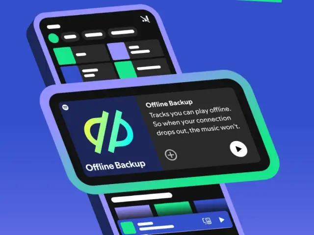 Dwa ekrany smartfonów z interfejsem Spotify, jeden z ikoną "Offline Backup".