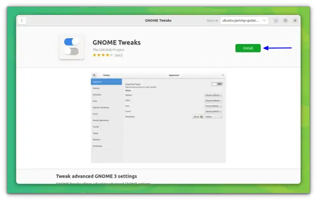 Okno aplikacji GNOME Tweaks, gotowe do instalacji. Pozwala na zaawansowane dostosowanie ustawień GNOME.