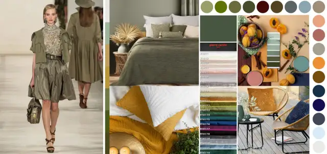 Stylizacja z wybiegu w kolorze khaki i granatu, inspiracje do wnętrz: łóżko, poduszki, krzesła i paleta barw.