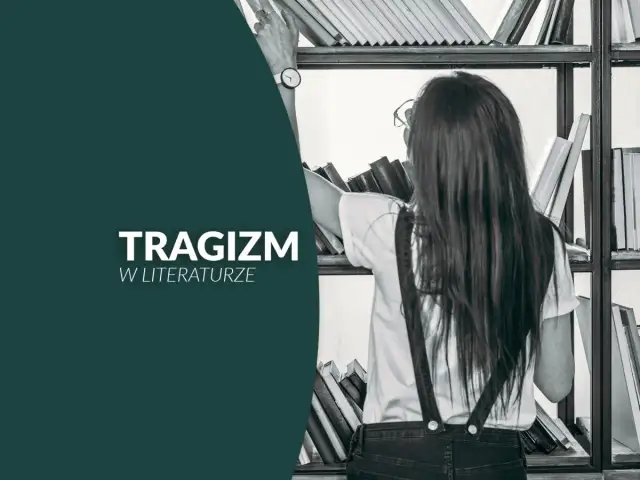 Dziewczyna szuka w bibliotece książek, które ukazują, jak literatura antyczna przedstawia tragizm ludzkiego losu.