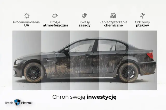 Porównanie auta przed i po nałożeniu ceramiki. Chroni przed UV, erozją, kwasami, zanieczyszczeniami i ptasimi odchodami.