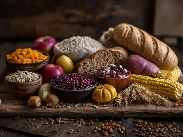 Różnorodne produkty bogate w węglowodany: chleb, zboża, fasola, kukurydza, ziemniaki, jabłka, dynia.