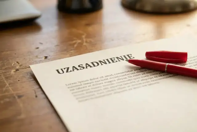 Dokument z napisem "UZASADNIENIE" i czerwonym długopisem na drewnianym biurku.