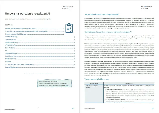 Lista kontrolna elementów umowy na wdrożenie rozwiązań AI z ikoną listy.