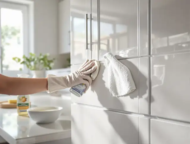 Ręka w rękawiczce czyści białe, błyszczące fronty mebli sprayem i ściereczką.