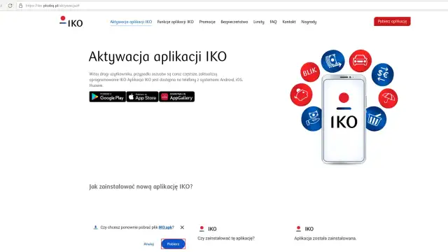 Strona internetowa wyjaśnia, jak aktywować aplikację IKO na nowym telefonie. Widoczne są ikony pobierania z Google Play, App Store i Huawei AppGallery.