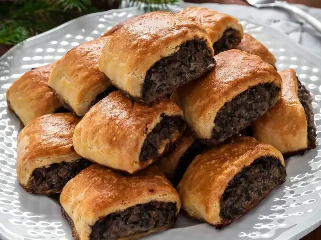 Złociste paszteciki z pieczarkami, ułożone na białej paterze, kuszą aromatem i chrupiącą skórką. Idealne na każdą okazję.