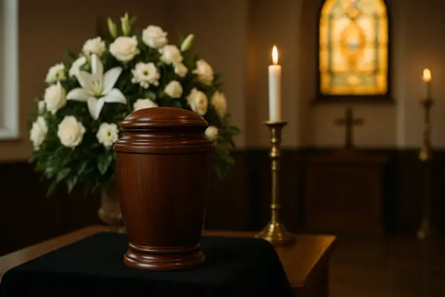 Drewniana urna z kwiatami i świecą. W tle krzyż i witraż. Czy kremacja jest grzechem?
