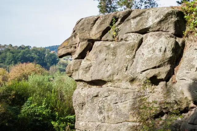 Skamieniałe Miasto, rezerwat przyrody. Zdjęcia skalnych formacji przypominających zwierzęta, na tle zielonych wzgórz i lasów.