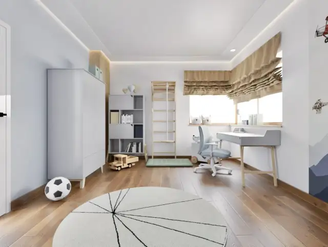 Nowoczesna wizualizacja pokoju młodzieżowego z biurkiem, regałem, szafą i piłką.