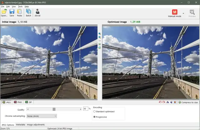 Program do zmniejszania zdjęć pokazuje most w Londynie. Obraz po optymalizacji zajmuje 1,29 MiB, w porównaniu do 5,18 MiB oryginału.