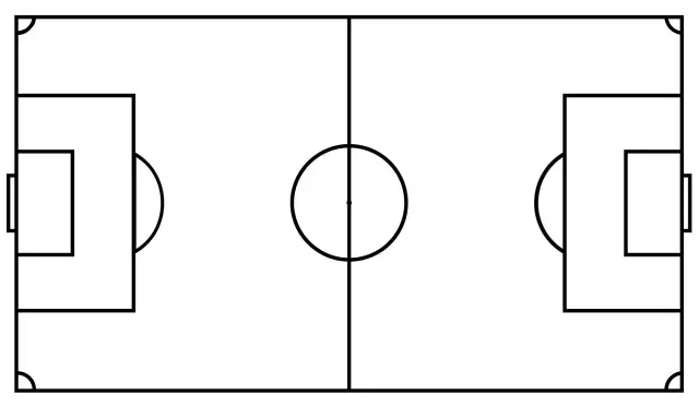 Schemat boiska piłkarskiego, idealny do nauki, jak narysować boisko do piłki nożnej. Widoczne bramki, koło środkowe i linie boczne.