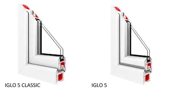 Porównanie profili okien Drutex Iglo 5 Classic i Iglo 5. Widok przekroju profili okiennych.