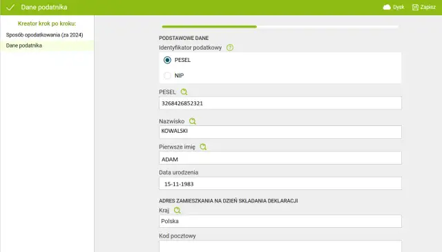 Formularz danych podatnika z polami PESEL, nazwisko, imię, data urodzenia i adres.