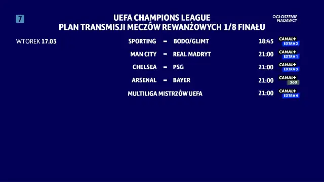 Plan transmisji meczów rewanżowych 1/8 finału Ligi Mistrzów UEFA: Sporting - Bodo/Glimt, Man City - Real Madryt, Chelsea - PSG, Arsenal - Bayer. Kiedy gra liga mistrzów, emocje gwarantowane!