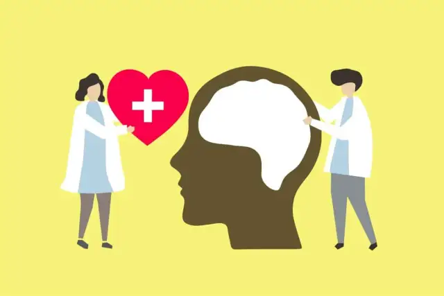 Dwie postacie w kitlach lekarskich przy sercu z krzyżem i głowie z mózgiem.