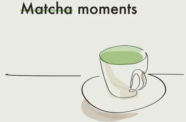 Minimalistyczna ilustracja filiżanki z zieloną matchą na spodku.