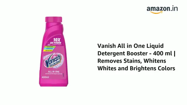 Różowa butelka Vanish Oxi Action z napisem "10X Oxi Power" i logo Amazon.